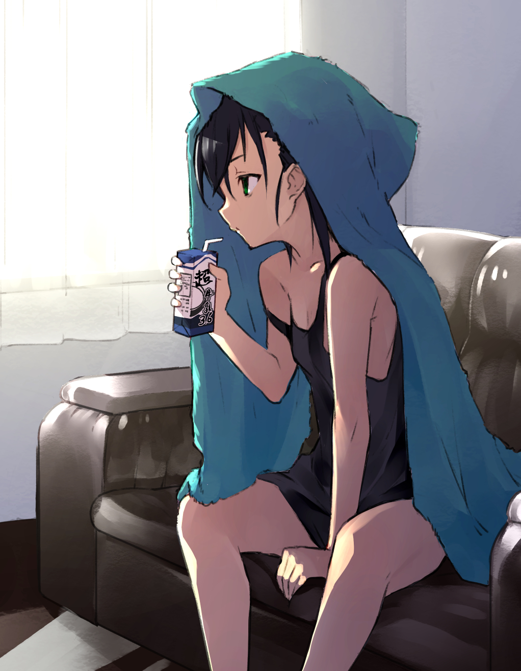 1girl bare_arms bare_legs bare_shoulders black_hair carton couch curtains drinking_straw green_eyes hand_up highres holding indoors long_hair nuqura original profile sitting sleeveless solo strap_slip tank_top towel towel_on_head transparent window