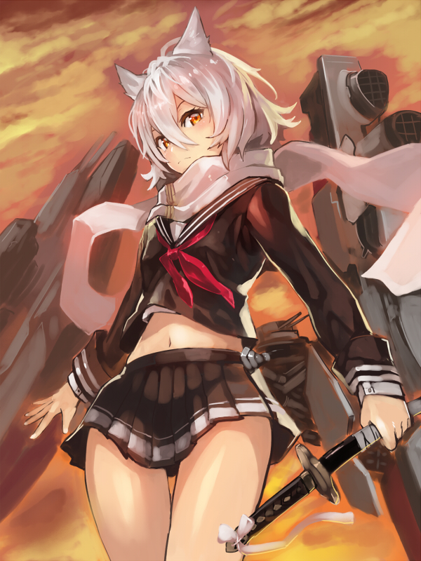 1girl animal_ears azur_lane bangs black_serafuku black_shirt black_skirt blush cannon cat_ears closed_mouth clouds cloudy_sky commentary_request edobox hair_between_eyes holding holding_weapon katana long_sleeves looking_at_viewer machinery maya_(azur_lane) midriff navel neckerchief outdoors pleated_skirt red_neckwear scarf school_uniform serafuku sheath sheathed shirt silver_hair skirt sky solo sword thigh_gap turret weapon white_scarf