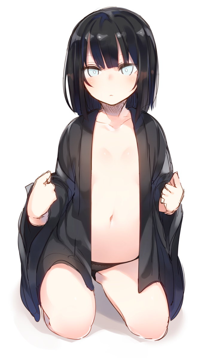 1girl black_hair black_panties blue_eyes bright_pupils closed_mouth expressionless flat_chest gluteal_fold gradient gradient_background japanese_clothes long_sleeves looking_at_viewer medium_hair naki_(tsunekichi) navel open_clothes open_shirt original panties seiza shirt simple_background sitting solo tsunekichi underwear wide_sleeves