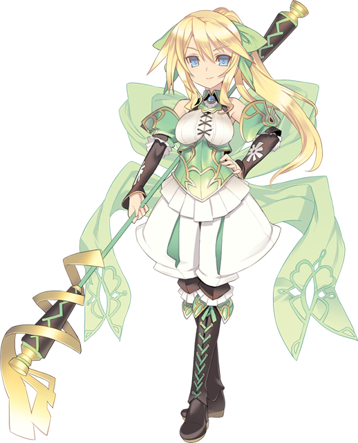 1girl agarest_senki_(series) agarest_senki_mariage blade_(galaxist) blonde_hair blue_eyes boots detached_sleeves full_body hand_on_hip high_ponytail holding holding_staff jiolet knee_boots long_hair looking_at_viewer official_art smile solo staff standing transparent_background