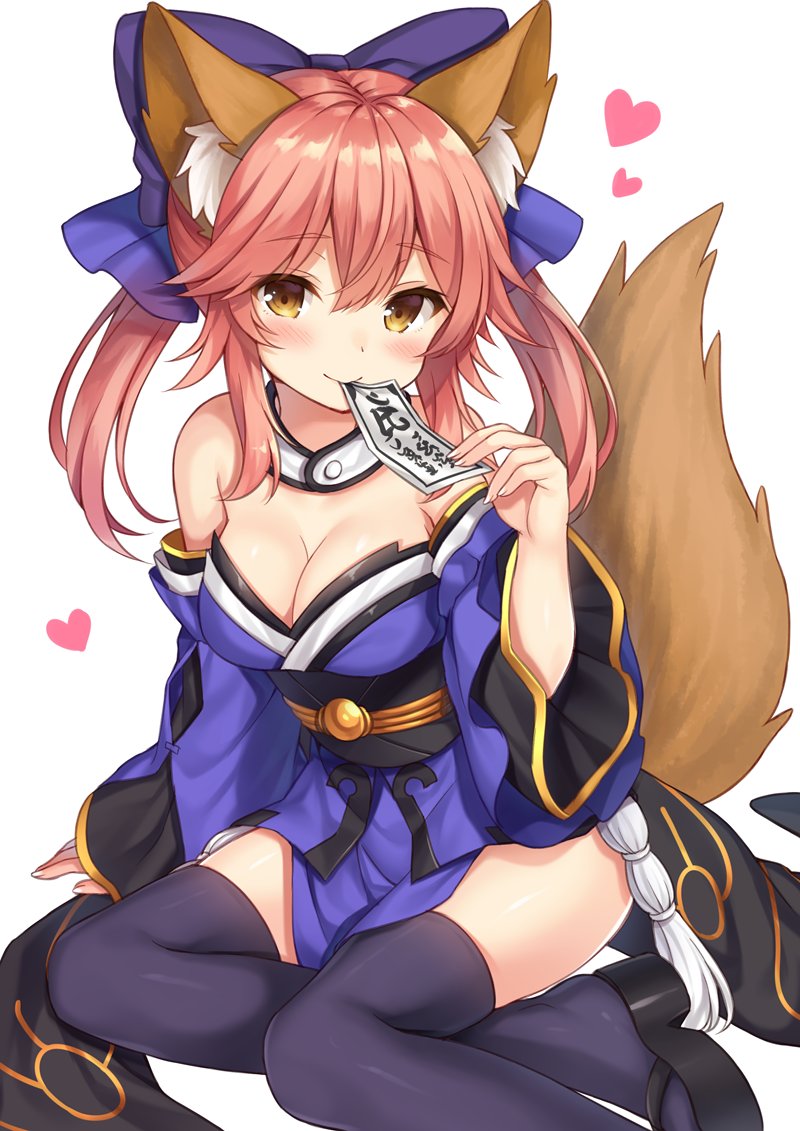 1girl animal_ears bangs black_footwear black_legwear blush bow breasts brown_eyes cleavage collar detached_sleeves eyebrows_visible_through_hair fate/extra fate_(series) fox_ears fox_tail hair_bow heart long_hair looking_at_viewer nagisa3710 obi ofuda pink_hair sandals sash sidelocks simple_background sitting smile solo tail tamamo_(fate)_(all) tamamo_no_mae_(fate) thigh-highs twintails white_background