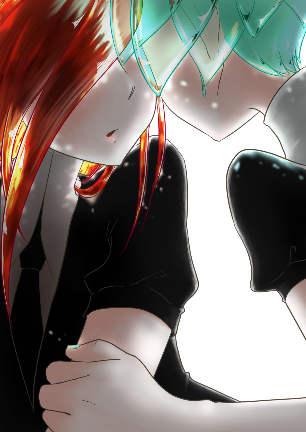 androgynous black_neckwear green_hair head_out_of_frame highres holding_arm houseki_no_kuni kurodai necktie phosphophyllite redhead shinsha_(houseki_no_kuni) shirt short_hair short_sleeves uniform white_background white_shirt