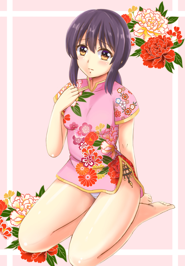 1girl barefoot black_hair brown_eyes china_dress chinese_clothes dress floral_print flower fubuki_(kantai_collection) full_body kantai_collection long_hair low_ponytail ookawa_wataru panties pantyshot pink_dress ponytail short_ponytail sidelocks sitting solo underwear white_panties yokozuwari