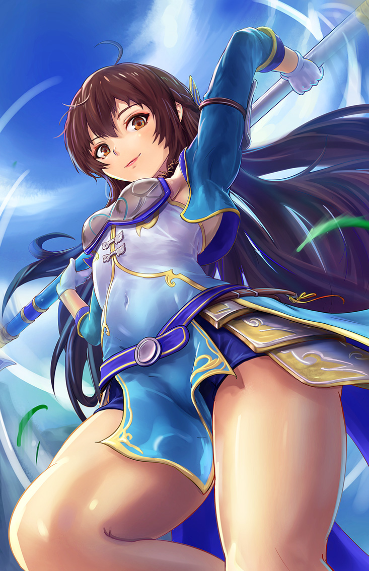 1girl axe belt breastplate brown_eyes brown_hair covered_navel fuhikari gloves leaf long_hair shin_sangoku_musou sky solo xin_xianying_(shin_sangoku_musou)