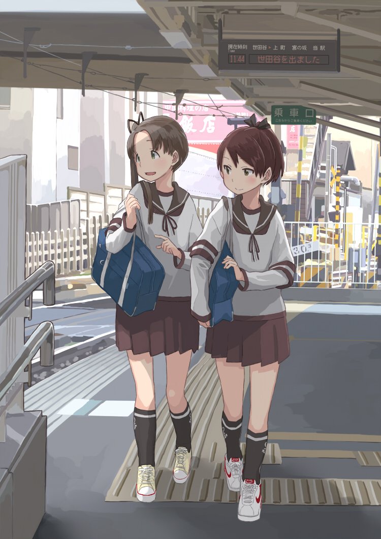 2girls adapted_costume anchor_symbol ayanami_(kantai_collection) bag billboard black_legwear blush bow brown_hair brown_sailor_collar brown_skirt building fence hair_bow hair_ribbon holding_bag kantai_collection kneehighs long_sleeves looking_to_the_side matsutani messenger_bag multiple_girls necktie open_mouth pleated_skirt pointing ponytail ribbon road road_sign sailor_collar school_uniform serafuku shikinami_(kantai_collection) shoulder_bag side_ponytail sign skirt smile standing walking