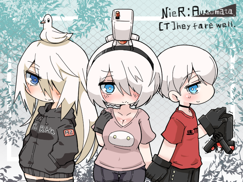 1boy 2girls alternate_costume anahoriya blush breasts casual character_name choker cleavage commentary_request copyright_name english gloves hair_over_one_eye hand_holding hands_in_pockets hood hoodie large_breasts long_hair looking_at_viewer mole mole_under_mouth multiple_girls nier_(series) nier_automata short_hair shorts smile thigh-highs white_hair yorha_no._2_type_b yorha_no._9_type_s yorha_type_a_no._2