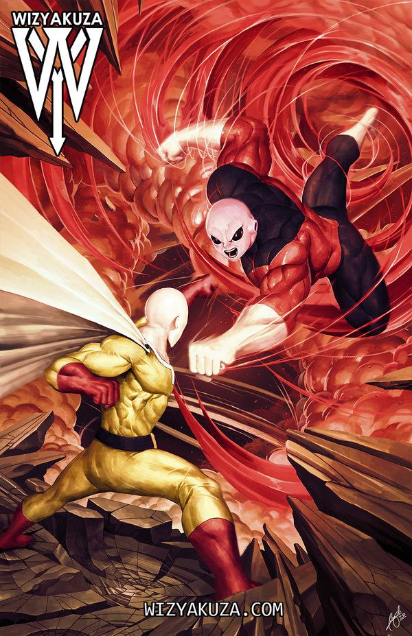 2boys alien angry bald black_eyes bodysuit cape ceasar_ian_muyuela crossover dragon_ball dragon_ball_super fighting frown full_body gloves jiren male_focus multiple_boys muscle no_pupils one-punch_man open_mouth punching red_footwear red_gloves saitama_(one-punch_man) superhero