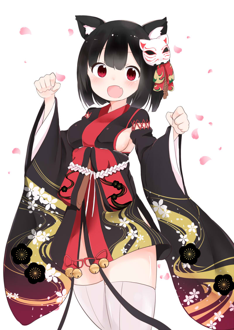 1girl :d animal_ears azur_lane black_hair blush breasts cherry_blossoms clenched_hands cowboy_shot floral_print furisode hair_ornament japanese_clothes kimono kimono_skirt long_sleeves looking_at_viewer medium_breasts open_mouth paw_pose petals red_eyes short_hair smile solo thigh-highs waka_misaki white_background white_legwear wide_sleeves yamashiro_(azur_lane)