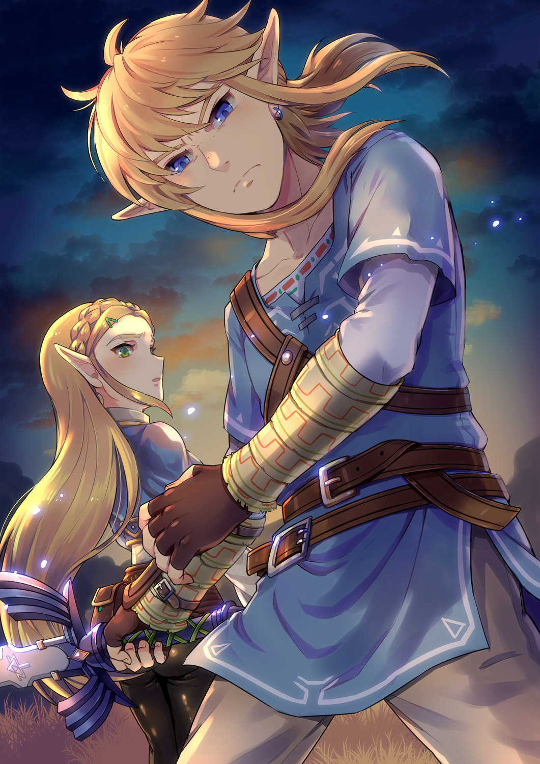 1boy 1girl black_legwear blonde_hair blue_eyes braid clouds commentary_request earrings eyebrows fingerless_gloves french_braid gloves green_eyes highres jewelry link long_hair looking_at_viewer looking_back night outdoors pants pointy_ears ponytail pouch princess_zelda sky sword the_legend_of_zelda the_legend_of_zelda:_breath_of_the_wild vambraces weapon