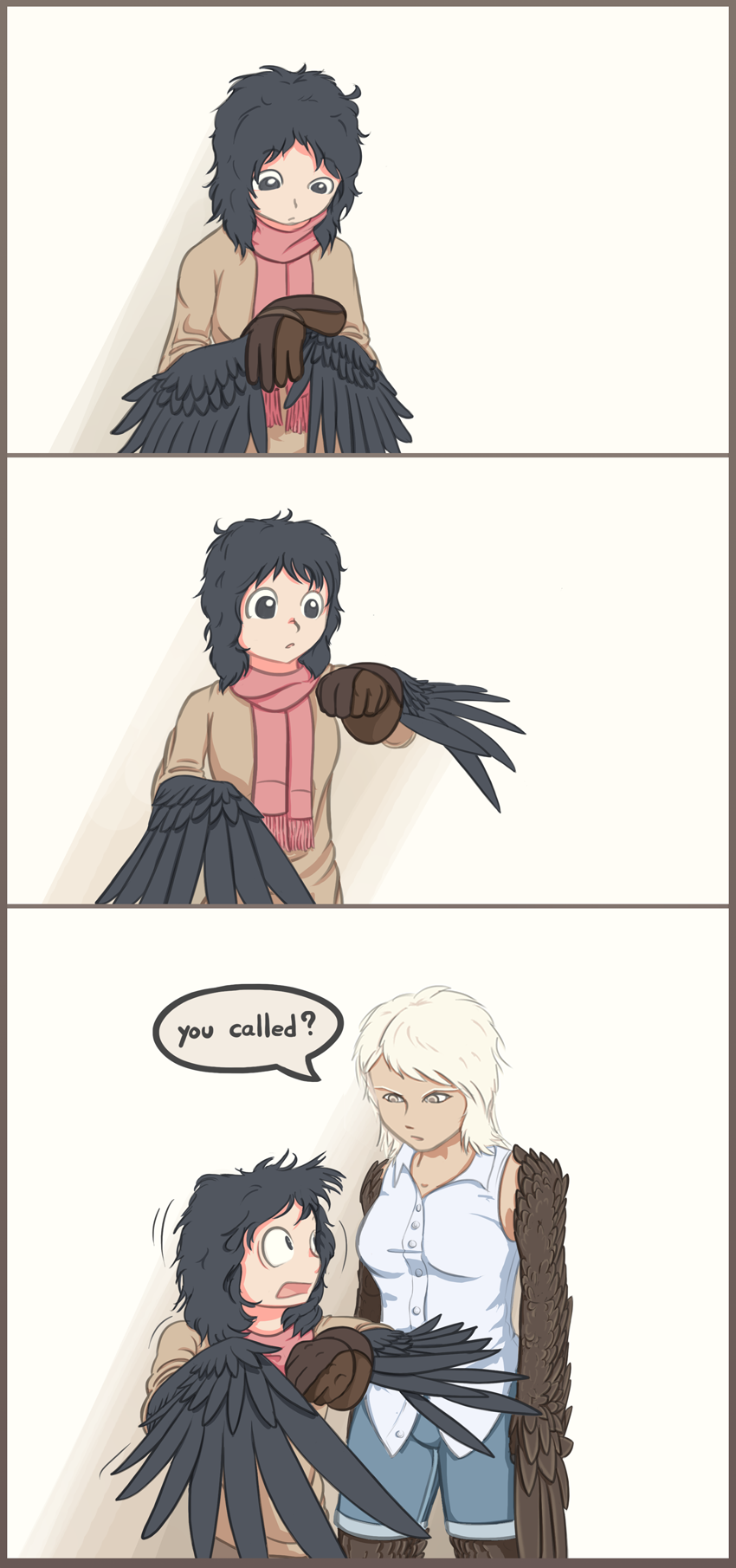 2girls 3koma bird black_eyes black_hair blonde_hair border brown_eyes comic constricted_pupils dark_skin drawfag english falconry gloves highres multiple_girls open_mouth original owl scarf short_hair single_glove