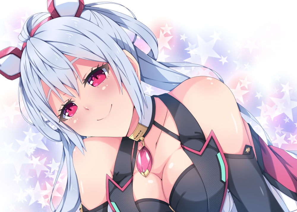 1girl ahoge bare_shoulders blush breasts choker cleavage detached_sleeves gem hair_between_eyes hairband long_hair matoi_(pso2) medium_breasts milkpanda phantasy_star phantasy_star_online_2 red_eyes red_hairband shiny shiny_skin silver_hair smile solo