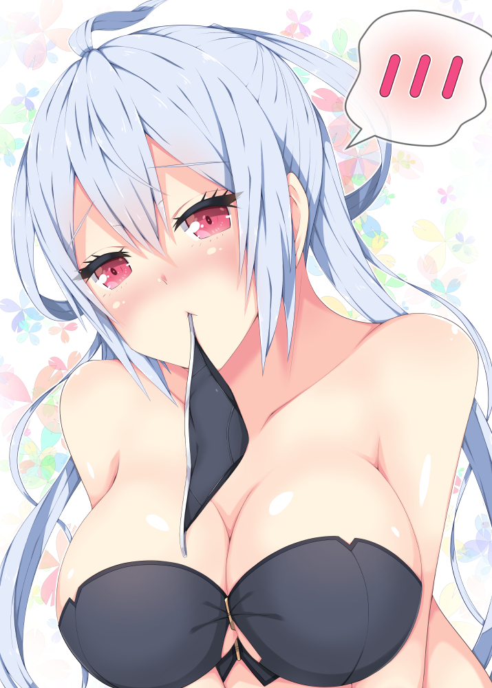 1girl ahoge black_bra black_panties bra breasts cleavage collarbone floating_hair hair_between_eyes head_tilt holding holding_panties large_breasts long_hair looking_at_viewer matoi_(pso2) milkpanda mouth_hold panties panties_removed phantasy_star phantasy_star_online_2 red_eyes shiny shiny_skin silver_hair solo strapless strapless_bra underwear underwear_only upper_body