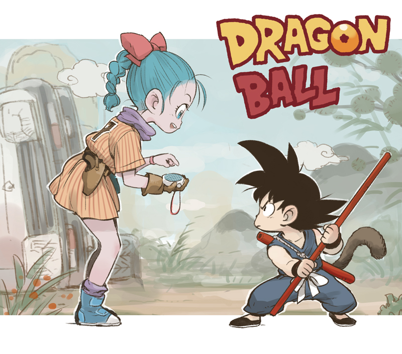 1boy 1girl black_eyes black_hair blue_eyes blue_hair bow braid braided_ponytail bulma car child commentary_request copyright_name dragon_ball dragon_radar fuse_ryuuta ground_vehicle hair_bow monkey_tail motor_vehicle open_mouth outdoors pole ponytail shoes son_gokuu spiky_hair striped_clothes tail teenage