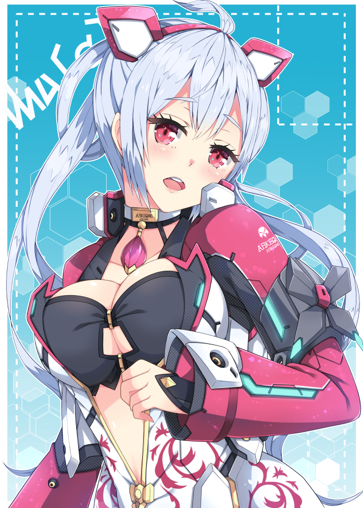 1girl ahoge breasts choker cleavage cleavage_cutout eyebrows_visible_through_hair floating_hair gem hair_between_eyes hairband head_tilt large_breasts long_hair looking_at_viewer matoi_(pso2) milkpanda open_clothes open_mouth phantasy_star phantasy_star_online_2 red_eyes red_hairband silver_hair solo twintails upper_body