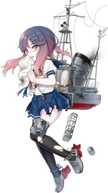 1girl akasaka_yuzu black_legwear blue_skirt brown_eyes depth_charge gradient_hair hat hat_removed headwear_removed kantai_collection long_hair machinery multicolored_hair official_art open_mouth pleated_skirt puffy_short_sleeves puffy_sleeves purple_hair rigging sailor_hat school_uniform serafuku short_sleeves simple_background skirt smoke solo tearing_up tears thigh-highs torn_clothes torn_hat torn_legwear torn_skirt torn_thighhighs transparent_background tsushima_(kantai_collection) white_background white_hat