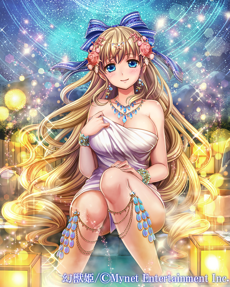 1girl bangs bare_shoulders blonde_hair blue_eyes blush bow breasts cleavage collarbone commentary copyright_name earrings eyebrows_visible_through_hair fumi_(butakotai) hair_bow hair_ornament jewelry lantern large_breasts lips long_hair looking_at_viewer maboroshi_juuhime naked_towel necklace night night_sky onsen outdoors paper_lantern partially_submerged shiny sitting sky smile solo sparkle towel very_long_hair water wrist_cuffs