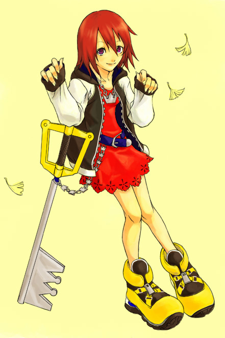 1girl artist_request cosplay jacket kairi_(kingdom_hearts) keyblade kingdom_hearts redhead short_hair solo sora_(kingdom_hearts)