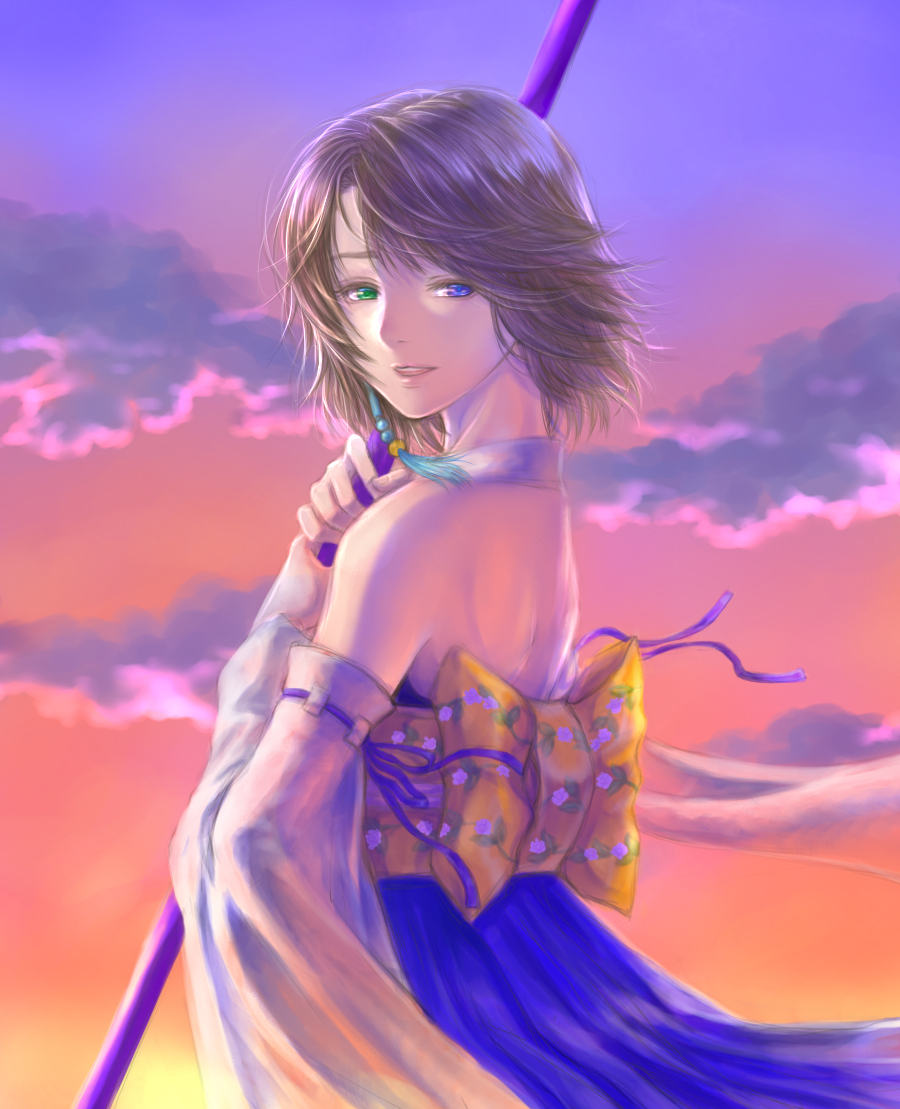 1girl back bare_shoulders blue_dress brown_hair clouds detached_sleeves dress final_fantasy final_fantasy_x heterochromia holding holding_staff looking_back outdoors short_hair solo staff sunset takeda_yuuko yuna_(ff10)