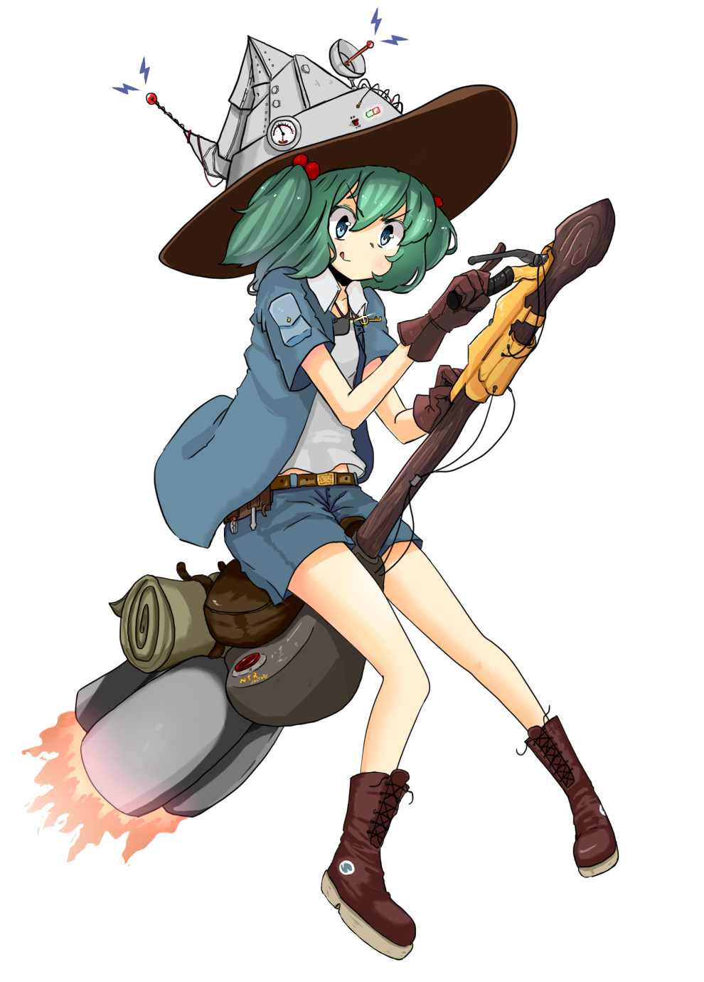 1girl alternate_headwear blue_eyes blue_hair boots broom deflinger exhaust gloves hair_bobbles hair_ornament hat highres jacket kawashiro_nitori key mechanical_broom short_hair shorts solo tongue tongue_out touhou two_side_up vest witch witch_hat