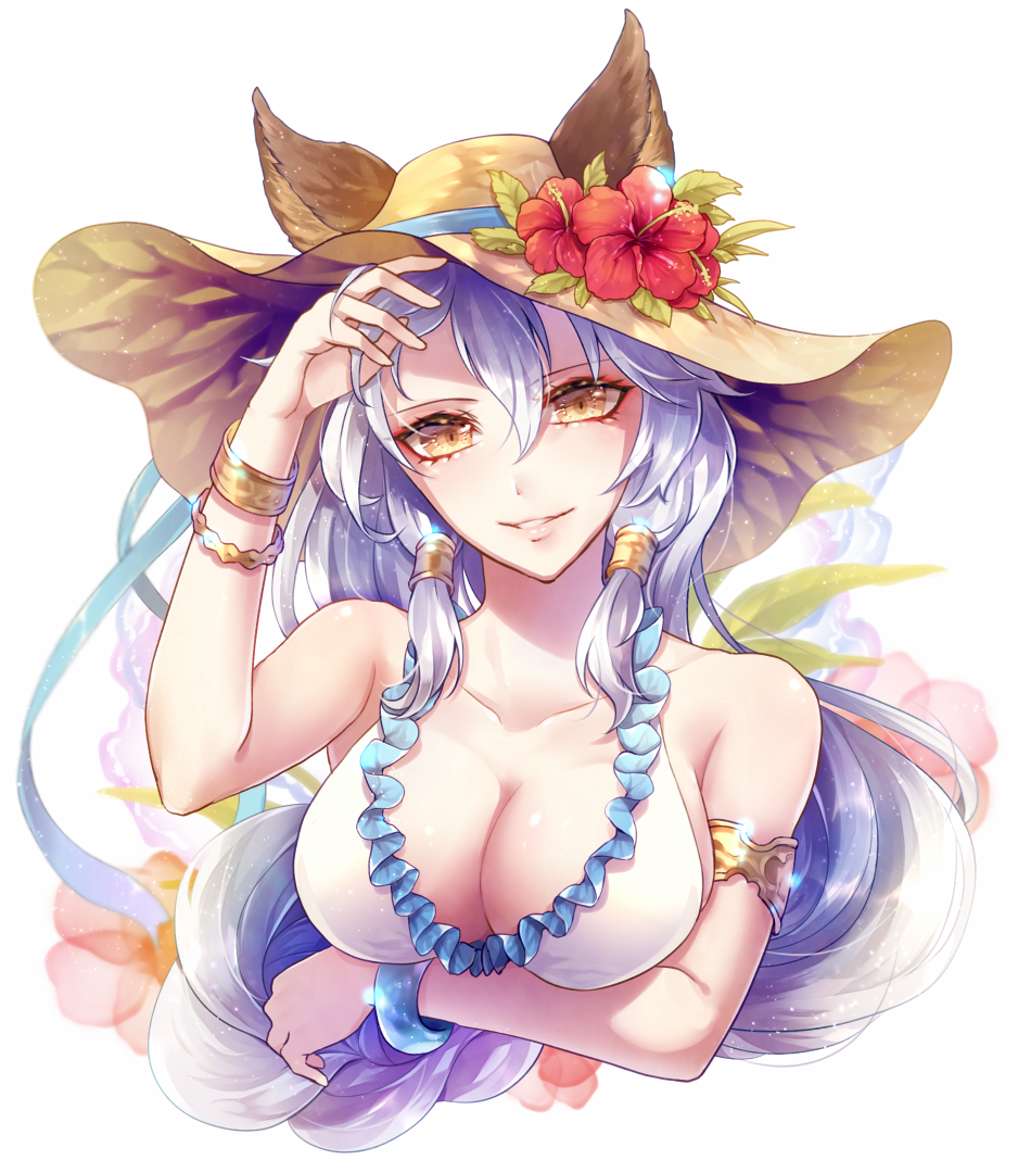 1girl animal_ears armlet azalea4 bracelet braid breasts cat_ears cleavage collarbone ears_through_headwear erun_(granblue_fantasy) flower granblue_fantasy hair_between_eyes hair_tubes hat hat_flower heles hibiscus jewelry large_breasts long_hair looking_at_viewer parted_lips silver_hair single_braid smile solo straw_hat sun_hat swimsuit upper_body very_long_hair white_swimsuit yellow_eyes