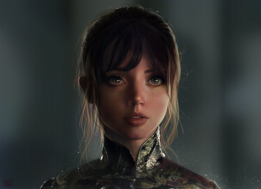 1girl artist_request blade_runner blade_runner_2049 brown_eyes brown_hair china_dress chinese_clothes cyberpunk dress eyebrows fake_screenshot joi lips looking_at_viewer photorealistic realistic science_fiction signature smile source_request