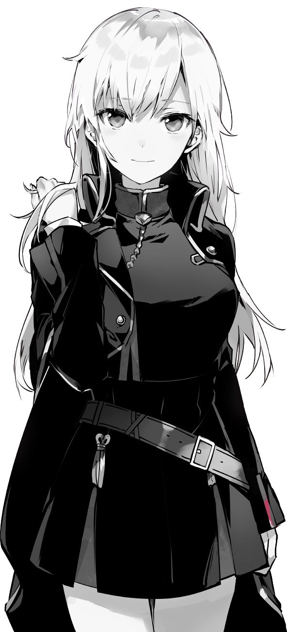 1girl adjusting_hair aiguillette arisaka_ako arm_at_side bangs belt breasts buttons cape capelet closed_mouth coat cowboy_shot dress eyebrows eyebrows_visible_through_hair gloves greyscale hand_in_hair hand_up high_collar highres light_smile long_hair long_sleeves looking_at_viewer medium_breasts military military_uniform monochrome original simple_background smile solo tassel thighs tsurime uniform