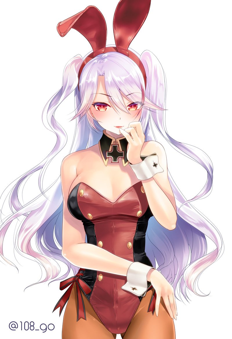 108_gou 1girl alternate_costume animal_ears azur_lane bare_arms bare_shoulders blush breasts bunnysuit cleavage closed_mouth cowboy_shot detached_collar eyebrows_visible_through_hair fake_animal_ears gluteal_fold hairband hand_on_hip iron_cross leotard lips long_hair looking_at_viewer medium_breasts multicolored_hair orange_legwear pantyhose pinky_to_mouth prinz_eugen_(azur_lane) rabbit_ears red_eyes red_hairband red_leotard red_ribbon redhead ribbon side-tie_leotard silver_hair simple_background solo standing strapless strapless_leotard streaked_hair tsurime twitter_username two_side_up very_long_hair white_background wrist_cuffs
