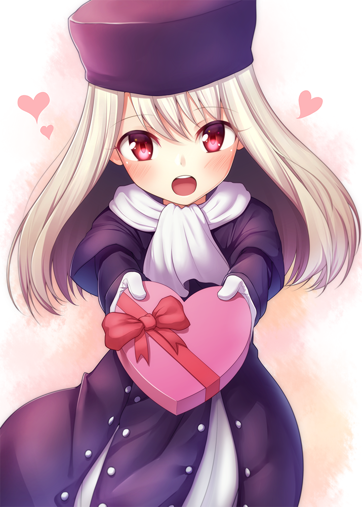 albino blush bow box capelet commentary_request cowboy_shot dress eyebrows_visible_through_hair fal fate/stay_night fate_(series) gift gift_box gift_wrapping gloves happy heart holding holding_gift illyasviel_von_einzbern incoming_gift long_hair looking_at_viewer outstretched_arms purple_coat purple_hair red_bow red_eyes scarf simple_background upper_teeth valentine white_dress white_gloves white_hair white_scarf winter_clothes