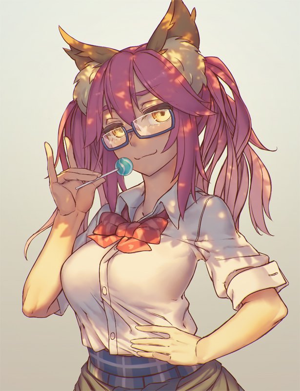 1girl alternate_costume animal_ears artist_request breasts candy collarbone fate/extra fate/extra_ccc fate/grand_order fate_(series) food fox_ears fox_tail glasses grey_background hand_on_hip large_breasts lollipop pink_hair school_uniform semi-rimless_eyewear simple_background solo tail tamamo_(fate)_(all) tamamo_jk_(fate) twintails yellow_eyes