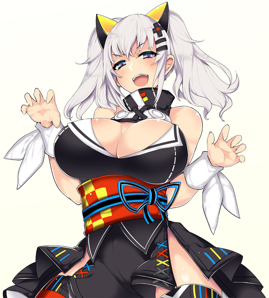 1girl :d aoguu bangs bare_shoulders black_dress blue_eyes blush breasts claw_pose cleavage cleavage_cutout contrapposto cowboy_shot crossed_bangs dress eyebrows eyebrows_visible_through_hair eyelashes hair_between_eyes hair_ornament hairclip kaguya_luna kaguya_luna_(character) large_breasts long_hair looking_at_viewer multicolored multicolored_eyes obi open_mouth palms pink_eyes red_legwear ribbon sash shiny shiny_skin short_dress sidelocks silver_hair simple_background sleeveless sleeveless_dress smile solo standing striped striped_ribbon thigh-highs tsurime turtleneck twintails vertical_stripes white_ribbon wrist_ribbon wristband x_hair_ornament zettai_ryouiki