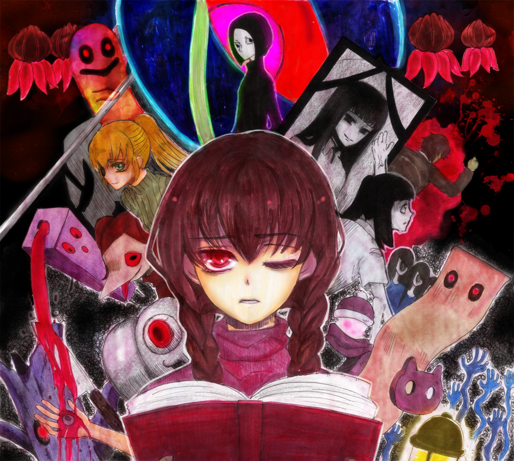 bad_id bad_pixiv_id braid kasei-san knife kyukkyu-kun long_hair madotsuki mafurako monoe monoko multiple_girls pink_shirt poniko sekomumasada_sensei shirt shitaisan tokuto-kun toriningen twin_braids uboa yume_nikki yurari_(co10rs)