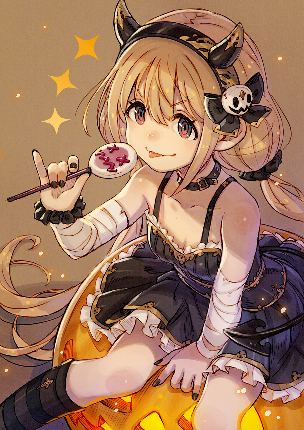 1girl \m/ arm_wrap black_bow black_collar black_dress black_legwear black_nails black_scrunchie blonde_hair bow bracelet breasts candy closed_mouth demon_tail diagonal_stripes dress fingernails food frilled_dress frills futaba_anzu glowing hair_bow hair_ornament hair_scrunchie halloween highres horizontal_stripes idolmaster idolmaster_cinderella_girls jack-o'-lantern jewelry kneehighs kusano_shinta licking_lips lollipop long_hair looking_at_viewer medium_breasts nail_polish on_pumpkin pleated_dress pumpkin scrunchie sleeveless sleeveless_dress solo star striped striped_legwear tail tongue tongue_out twintails very_long_hair x_x