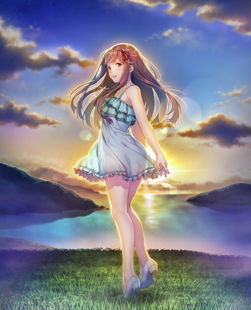 1girl ass blush brown_eyes brown_hair clouds cloudy_sky dress hairband highres idolmaster idolmaster_million_live! long_hair looking_at_viewer nanaran ocean see-through see-through_silhouette sky sleeveless sleeveless_dress smile solo sundress sunset tanaka_kotoha twilight white_dress