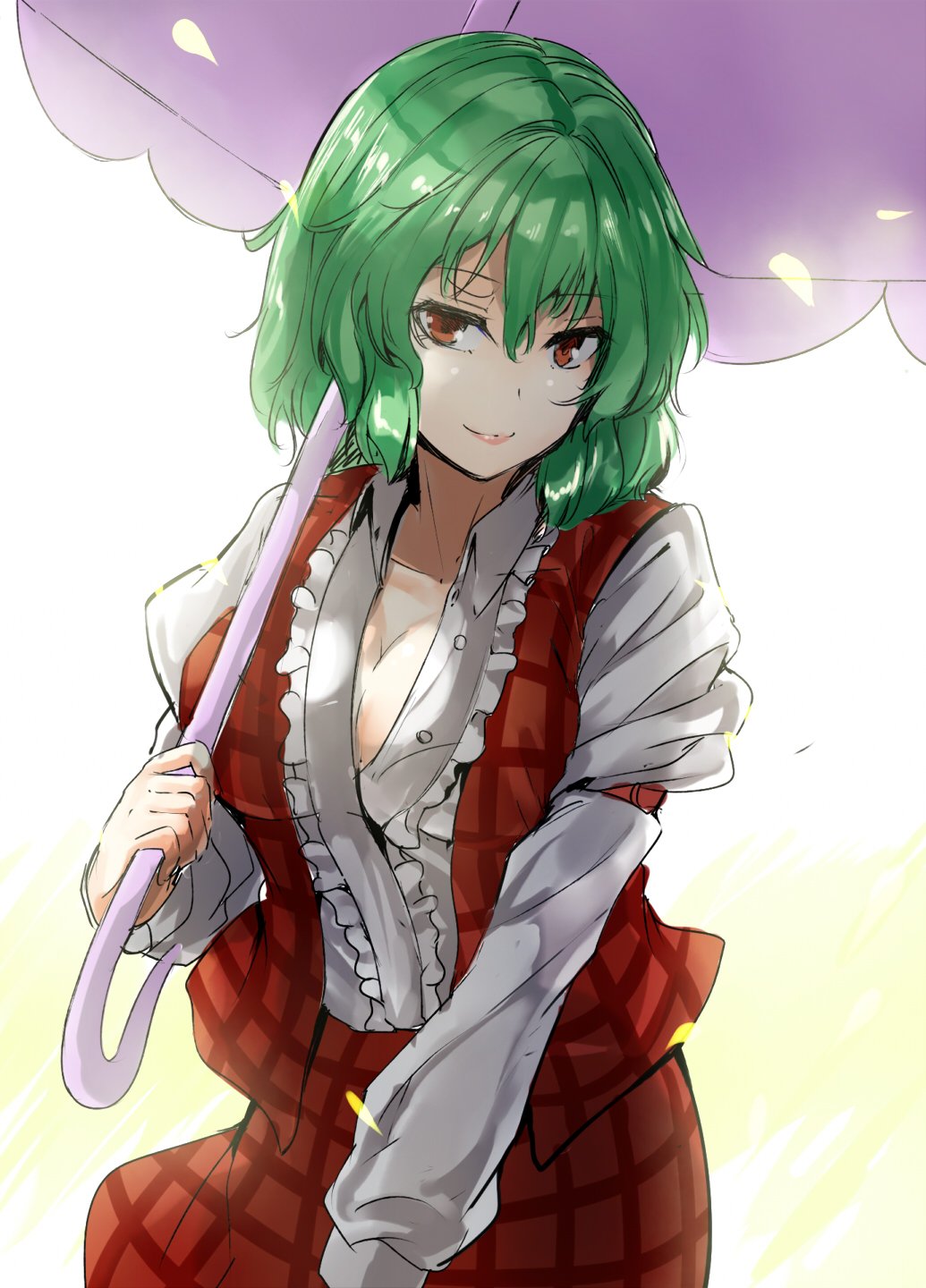 1girl arm_strap ascot bloom breasts cleavage closed_mouth collarbone cowboy_shot green_hair hair_between_eyes highres juliet_sleeves kazami_yuuka large_breasts leaning_forward long_sleeves looking_at_viewer open_clothes open_vest parasol plaid plaid_skirt plaid_vest puffy_sleeves red_eyes short_hair skirt skirt_set smile solo touhou umbrella vest y2