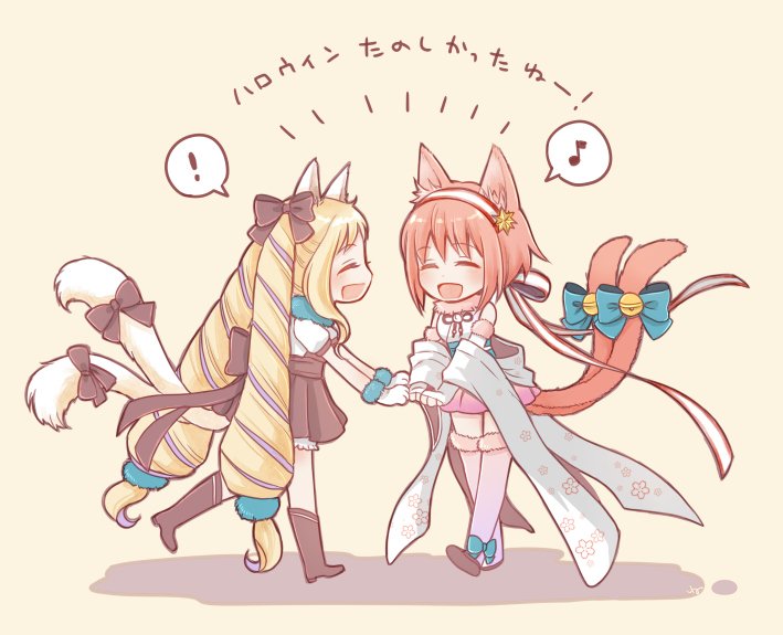 2girls animal_ears armor blonde_hair blush cape cat_ears cat_tail chibi closed_eyes elise_(fire_emblem_if) fire_emblem fire_emblem_heroes fire_emblem_if full_body gloves hairband halloween japanese_clothes jewelry kimono long_hair multiple_girls multiple_tails nekomata pink_hair redhead sakura_(fire_emblem_if) short_hair single_earring smile tail twintails two_tails
