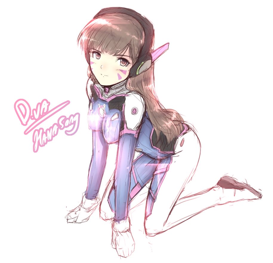 1girl cat_with_a_brush character_name d.va_(overwatch) headphones kneeling looking_at_viewer overwatch plugsuit solo