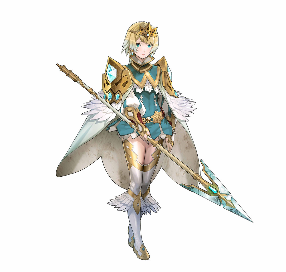 1girl bangs belt blonde_hair blue_eyes blue_hair cape crown dress earrings feather_trim feathers fire_emblem fire_emblem_heroes fjorm_(fire_emblem_heroes) full_body gradient gradient_hair holding holding_weapon jewelry long_sleeves looking_at_viewer maeshima_shigeki multicolored_hair polearm short_dress short_hair simple_background smile spear standing thigh-highs weapon white_background zettai_ryouiki