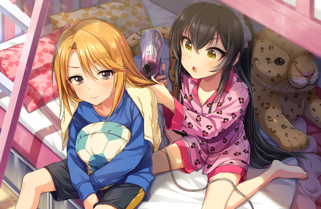 2girls bare_shoulders bed black_hair blush brown_hair bunk_bed collarbone copyright_request eyebrows_visible_through_hair grey_eyes hair_dryer idolmaster idolmaster_cinderella_girls long_hair looking_at_another matoba_risa multiple_girls open_mouth seiza shorts sitting yellow_eyes yuuki_haru zattape