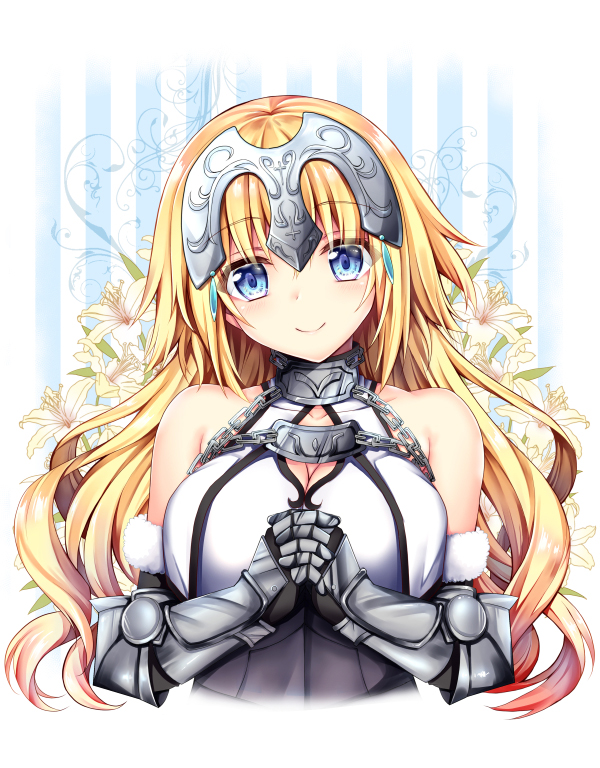 1girl bangs blonde_hair blue_eyes blush breasts c: chains closed_mouth cute eyebrows_visible_through_hair fate/apocrypha fate/grand_order fate_(series) floral_background flower gauntlets geko headpiece interlocked_fingers jeanne_d'arc_(fate)_(all) large_breasts lily_(flower) long_hair looking_at_viewer own_hands_together parted_lips ruler_(fate/apocrypha) smile solo upper_body wavy_hair white_flower