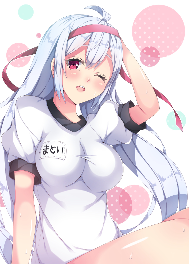 1girl ahoge breasts character_name floating_hair gym_uniform hair_between_eyes hairband long_hair matoi_(pso2) medium_breasts milkpanda one_eye_closed open_mouth phantasy_star phantasy_star_online_2 polka_dot red_eyes red_hairband shiny shiny_skin shirt silver_hair sitting solo sweat twintails very_long_hair white_background white_shirt