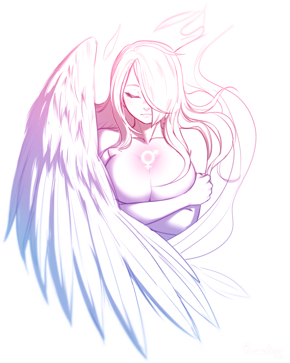 1girl andrea_vaeyl breasts cleavage closed_eyes crossed_arms feathered_wings hair_over_one_eye hermaphrodite highres large_breasts lips long_hair monochrome nude razalor sketch solo symbol wings