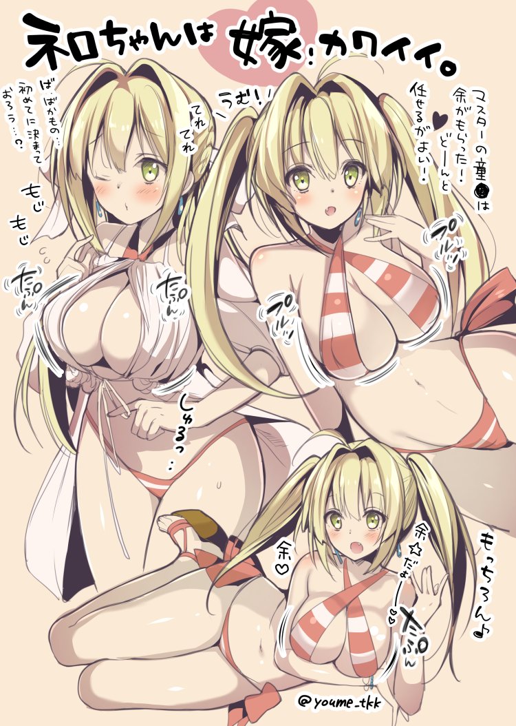 1girl bikini blush bouncing_breasts breasts cleavage cleavage_cutout fate/grand_order fate_(series) green_eyes heart hitsuji_takako huge_breasts looking_at_viewer nero_claudius_(swimsuit_caster)_(fate) one_eye_closed open_mouth saber_extra sandals swimsuit translation_request twintails