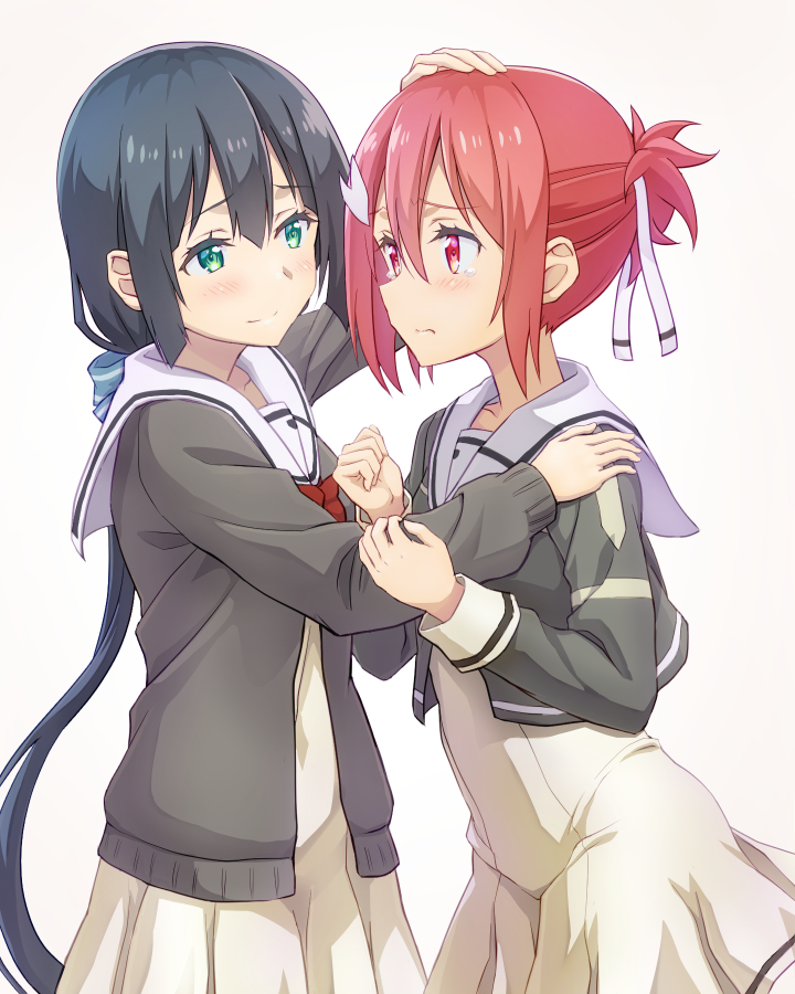 2girls black_hair blush crying green_eyes hair_ornament hair_ribbon hand_on_another's_head hand_on_another's_shoulder long_hair multiple_girls okutagon red_eyes redhead ribbon sanshuu_middle_school_uniform school_uniform short_hair short_ponytail smile tears tougou_mimori white_ribbon yuuki_yuuna yuuki_yuuna_wa_yuusha_de_aru yuusha_de_aru