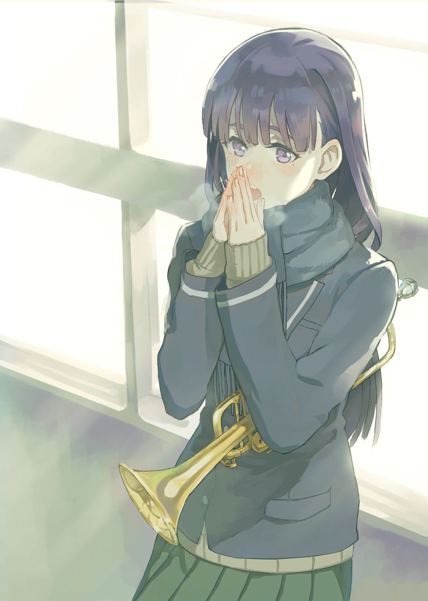 1girl bangs blunt_bangs breath breathing_on_hands cold commentary_request cosmic_(crownclowncosmic) highres indoors instrument just_because! leaning_back long_hair mole mole_under_eye morikawa_hatsuki open_mouth pleated_skirt purple_hair scarf school_uniform skirt solo trumpet upper_body very_long_hair violet_eyes