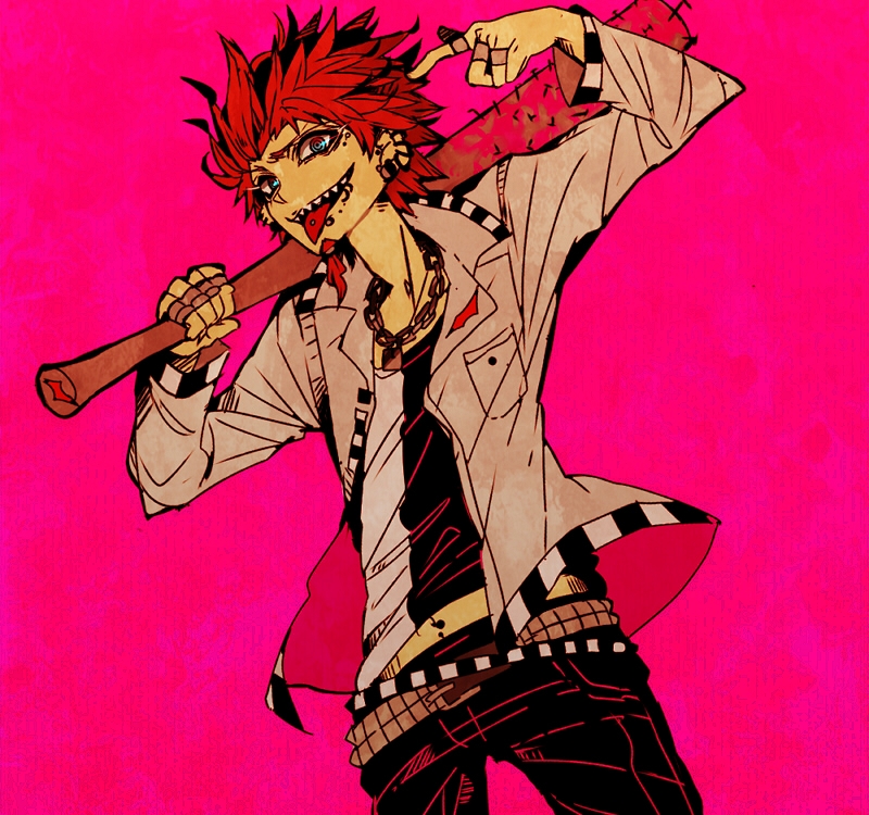 1boy aqua_eyes baseball_bat belt blood crazy_eyes dangan_ronpa earrings facial_hair goatee jacket kuwata_leon lip_piercing nails navel necklace open_mouth piercing pink_background pointing pointing_at_self red_hair ring sharp_teeth short_hair simple_background smile solo spiky_hair studded_belt tongue tongue_out tongue_piercing