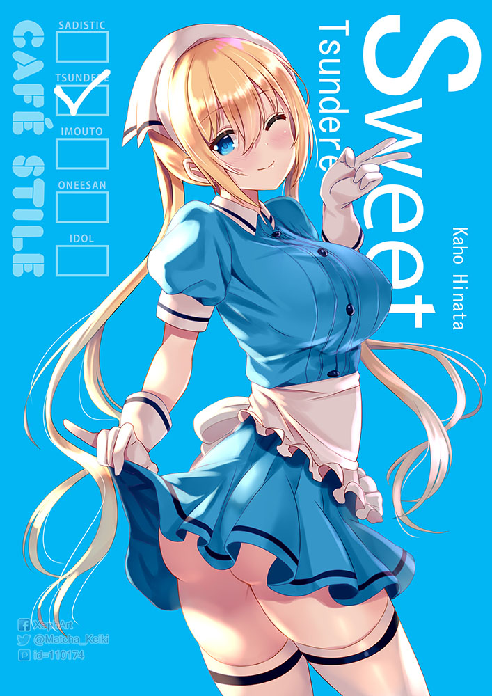 1girl ass bangs blend_s blonde_hair blue_eyes blush breasts cowboy_shot eyebrows_visible_through_hair gloves hair_between_eyes head_scarf hinata_kaho large_breasts long_hair looking_at_viewer no_panties one_eye_closed short_sleeves skirt_hold smile solo text twintails v waitress white_gloves white_legwear xephonia