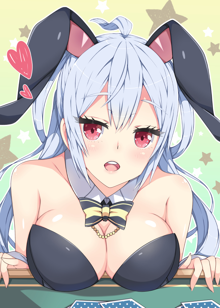 1girl ahoge animal_ears black_leotard bow bowtie breast_rest breasts bunnysuit card choker cleavage collarbone eyebrows_visible_through_hair floating_hair hair_between_eyes heart jewelry large_breasts leaning_forward leotard long_hair looking_at_viewer matoi_(pso2) milkpanda necklace open_mouth phantasy_star phantasy_star_online_2 rabbit_ears red_eyes silver_hair solo star strapless strapless_leotard upper_body