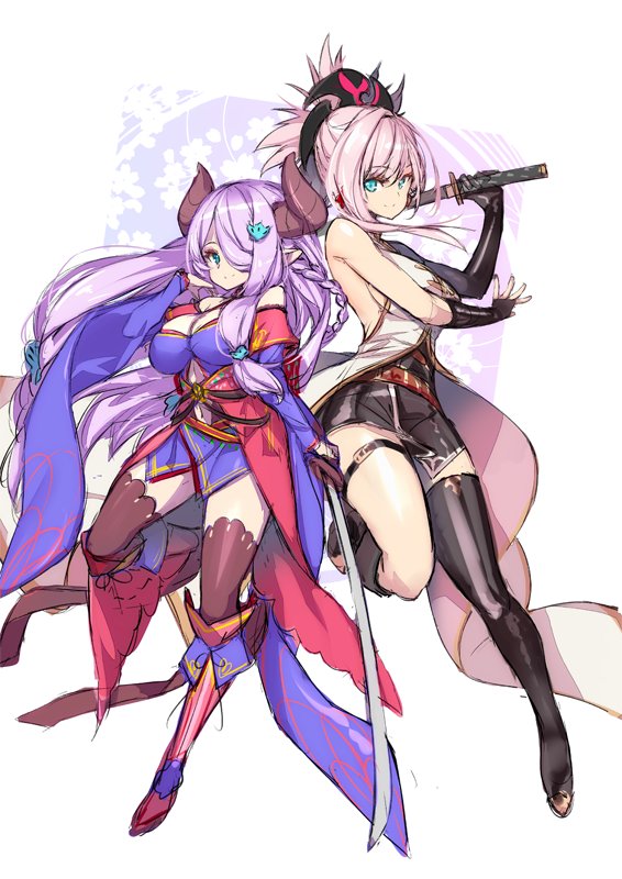 2girls black_gloves blue_eyes braid breasts cosplay costume_switch detached_sleeves doraf earrings fate/grand_order fate_(series) gloves granblue_fantasy hair_over_one_eye hong_(white_spider) horns japanese_clothes jewelry katana kimono large_breasts lavender_hair long_hair miyamoto_musashi_(fate/grand_order) multiple_girls narumeia_(granblue_fantasy) pink_hair pointy_ears ponytail single_thighhigh sword thigh-highs thigh_strap weapon