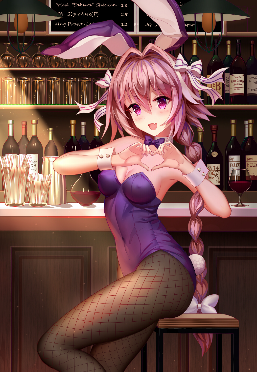 1girl aaeru animal_ears bangs bar black_legwear bottle braid breasts cup day drinking_glass eyebrows_visible_through_hair fang fate/apocrypha fate_(series) fishnet_pantyhose fishnets from_side genderswap genderswap_(mtf) hair_between_eyes hair_intakes heart heart_hands highres indoors leotard long_hair looking_at_viewer open_mouth pantyhose purple_hair purple_leotard rabbit_ears rider_of_black sidelocks single_braid sitting small_breasts smile solo very_long_hair violet_eyes wine_bottle wine_glass wrist_cuffs