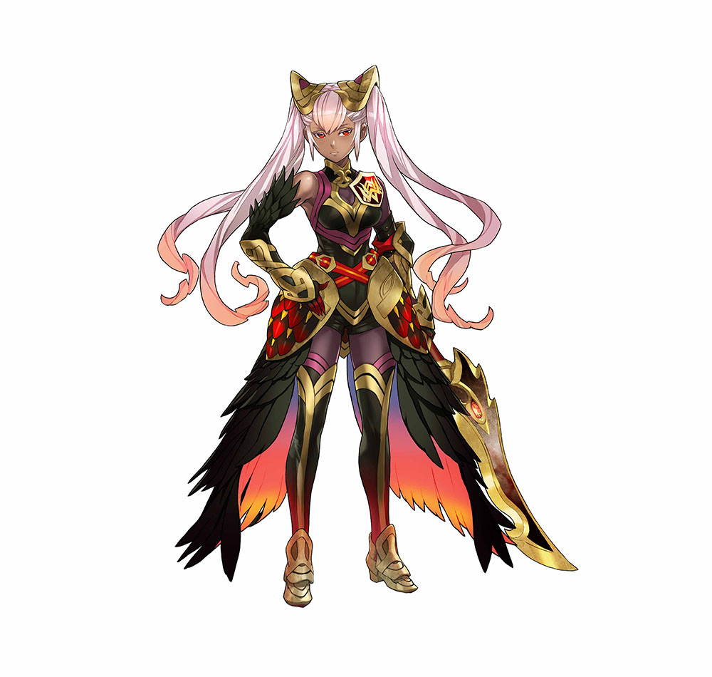 1girl bangs bare_shoulders dark_skin feather_trim fire_emblem fire_emblem_heroes full_body gauntlets gradient gradient_hair hair_ornament hand_on_hip holding holding_weapon laevateinn_(fire_emblem_heroes) long_hair maeshima_shigeki multicolored_hair official_art pink_hair red_eyes redhead simple_background standing sword thigh-highs turtleneck twintails weapon white_background